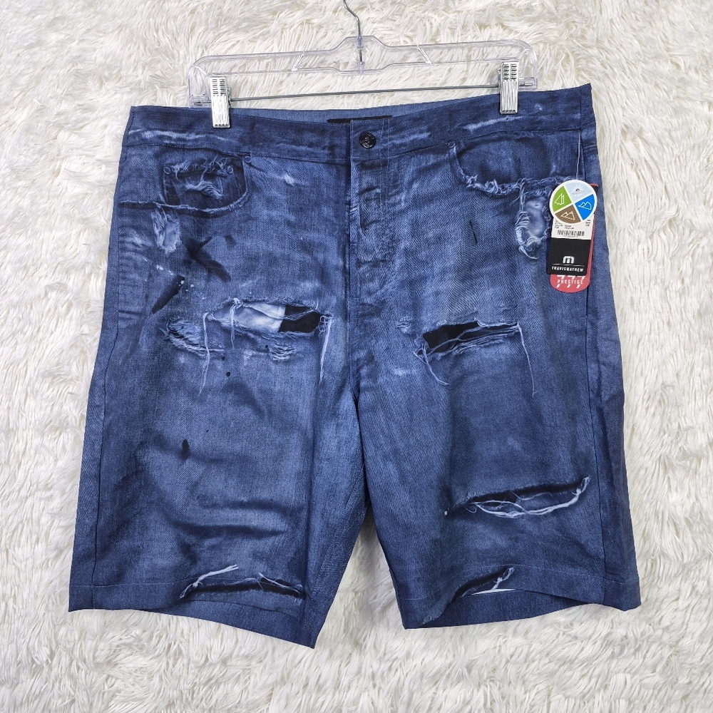 NWT Travis Mathew Manowar Blue Graphic Print Mens 36 Chino Shorts Performance 8"